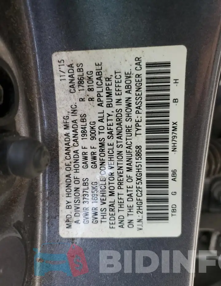 2HGFC2F5XGH515868 Photo# 12