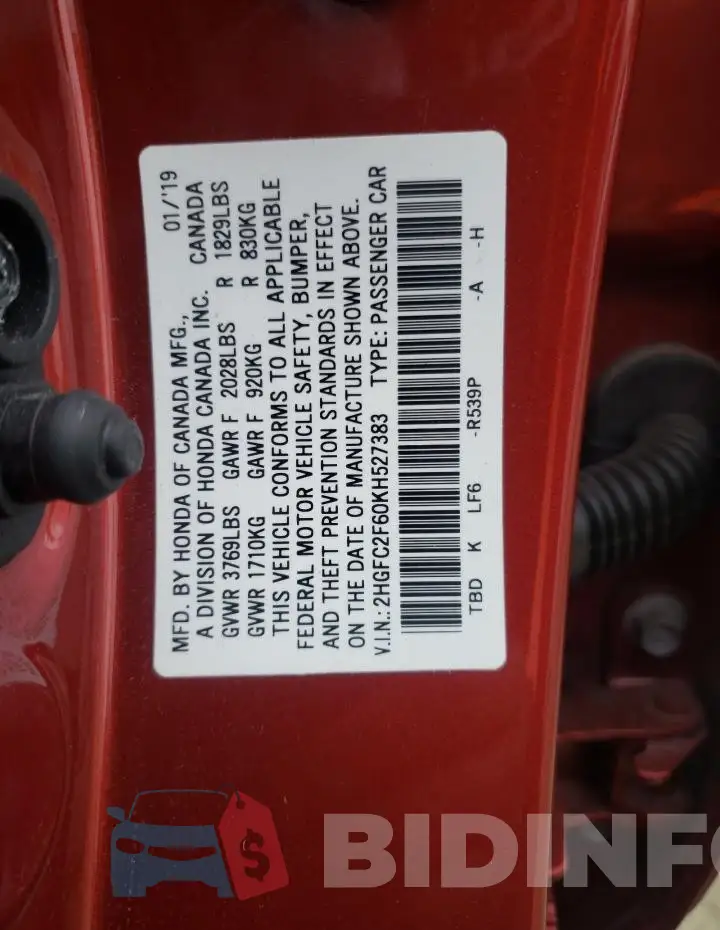 2HGFC2F60KH527383 Photo# 12