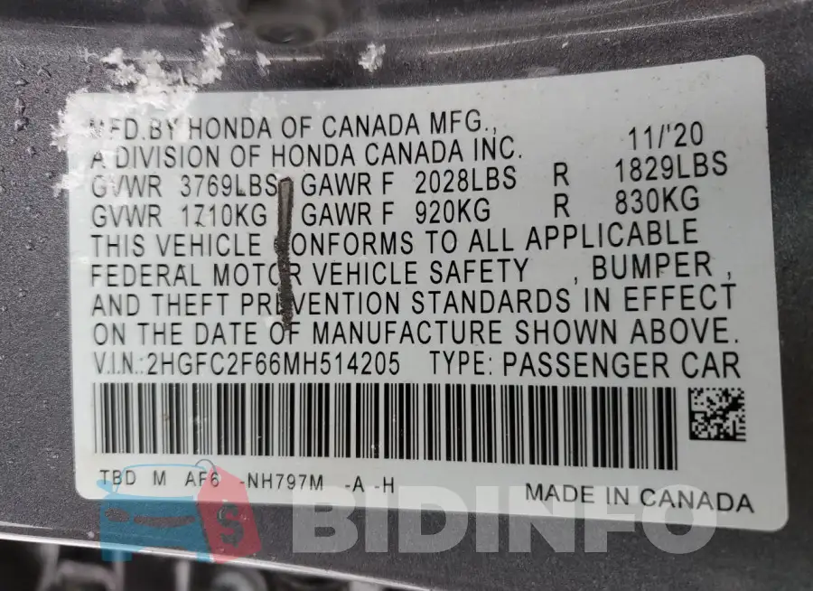 2HGFC2F66MH514205 Photo# 12
