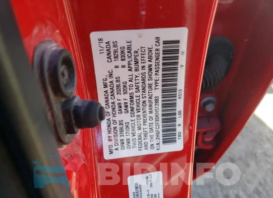 2HGFC2F89KH512883 Photo# 12