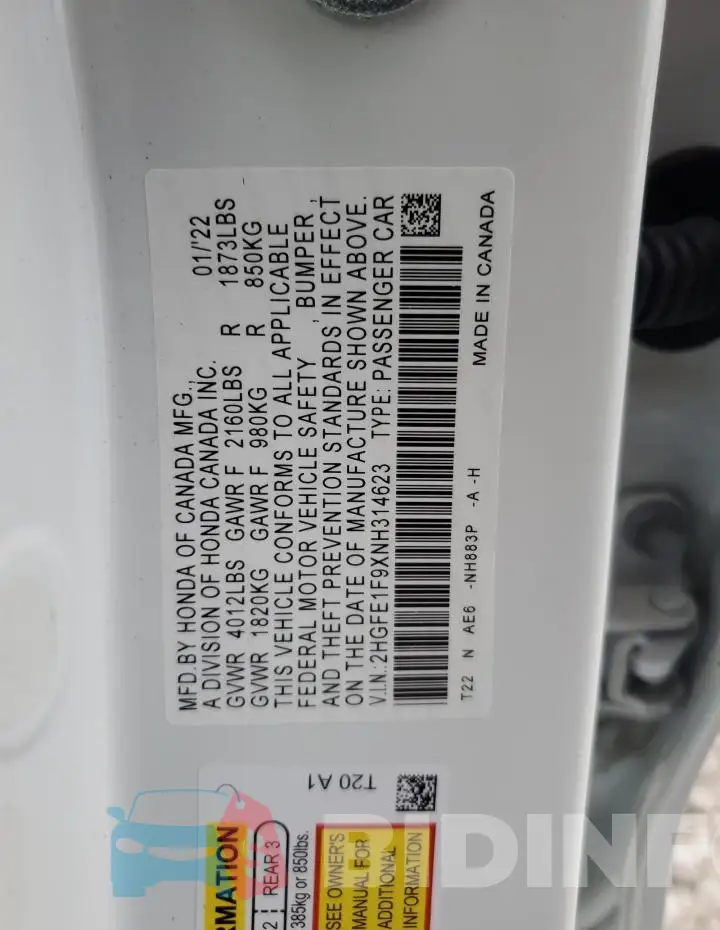 2HGFE1F9XNH314623 Photo# 13