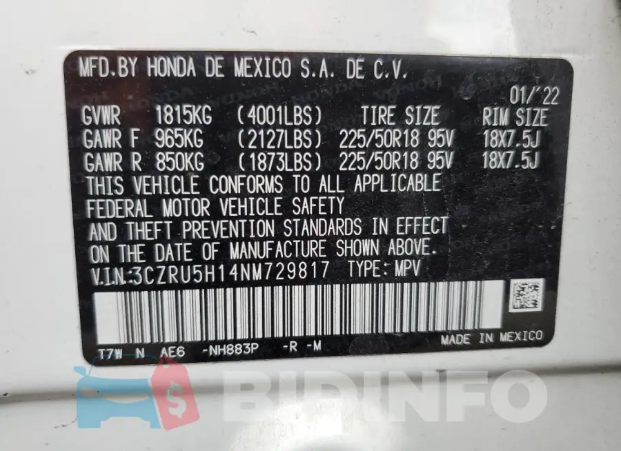 3CZRU5H14NM729817 Photo# 12