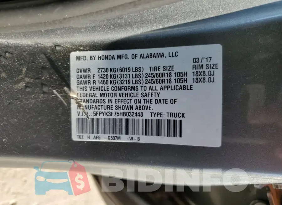 5FPYK3F75HB032448 Photo# 12