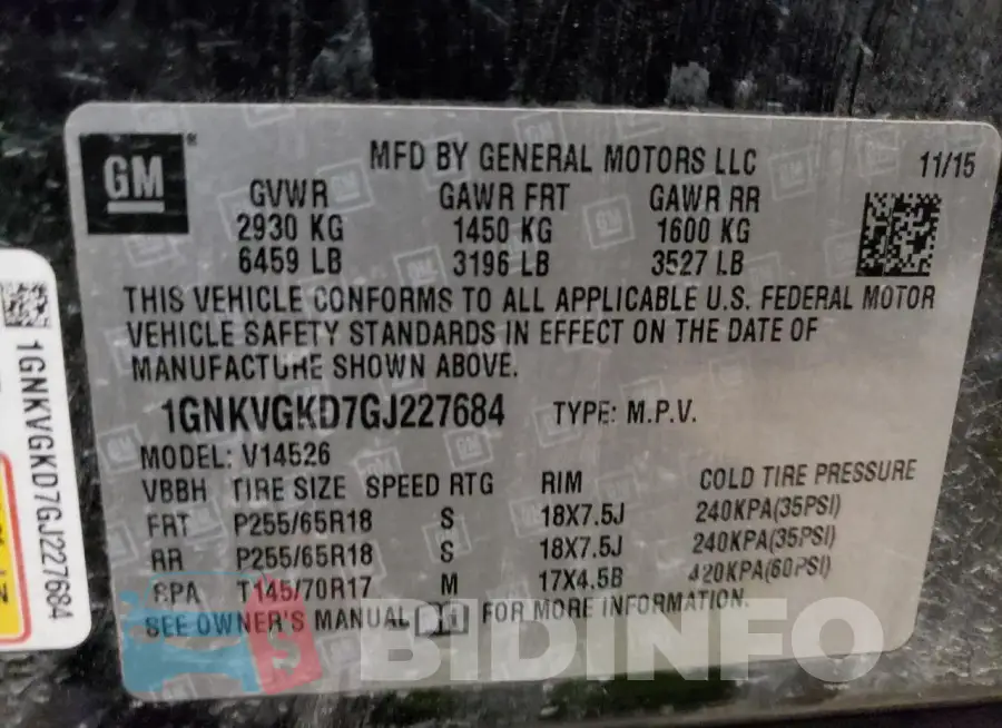 1GNKVGKD7GJ227684 Photo# 14