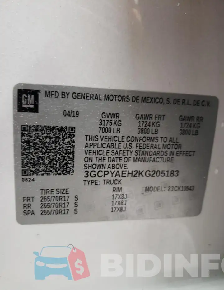 3GCPYAEH2KG205183 Photo# 12