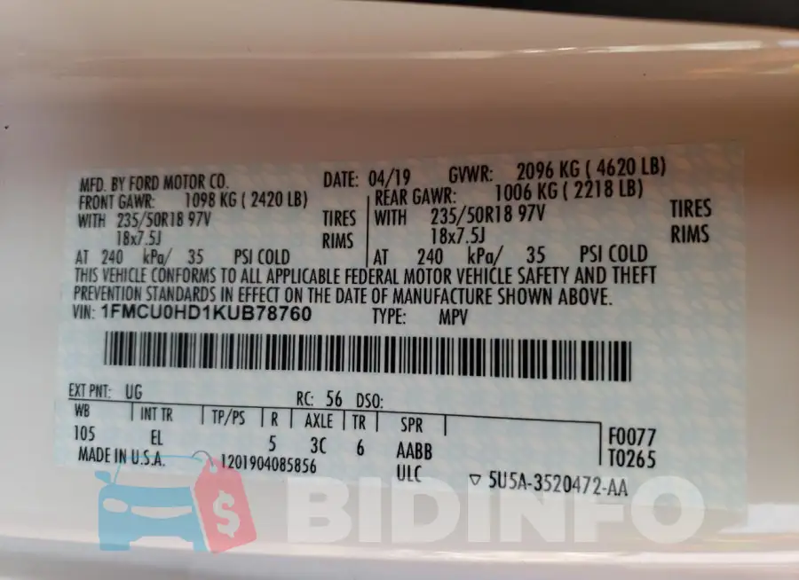 1FMCU0HD1KUB78760 Photo# 12