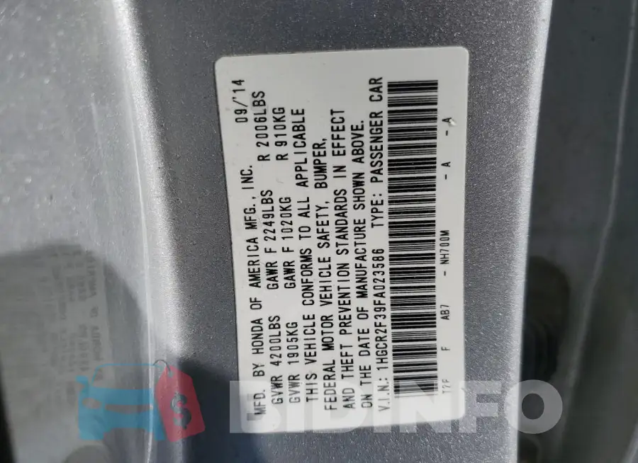 1HGCR2F39FA023586 Photo# 12