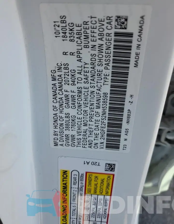 2HGFE2F52NH538598 Photo# 12