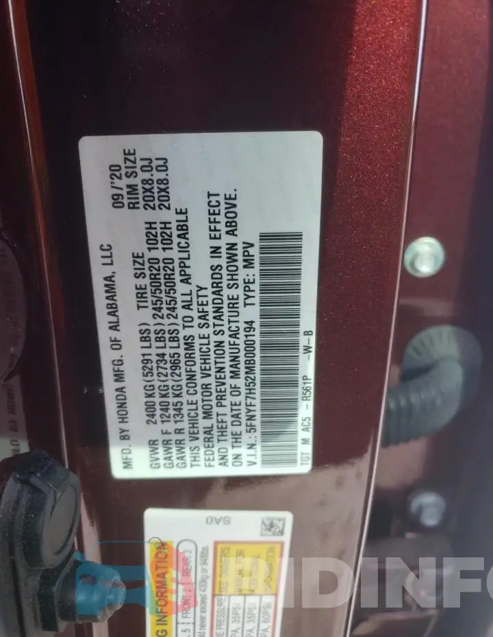 5FNYF7H52MB000194 Photo# 13