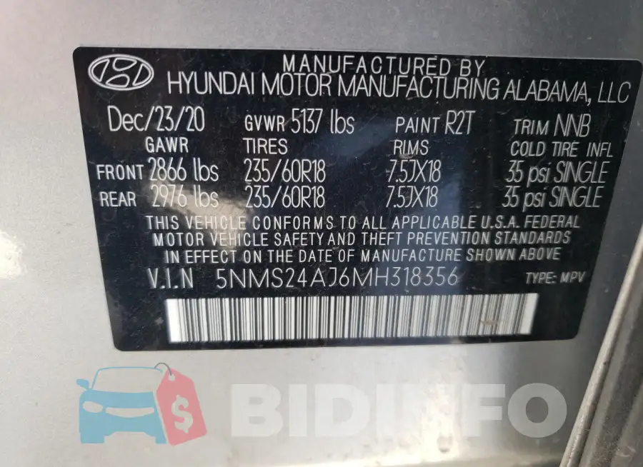 5NMS24AJ6MH318356 Photo# 13