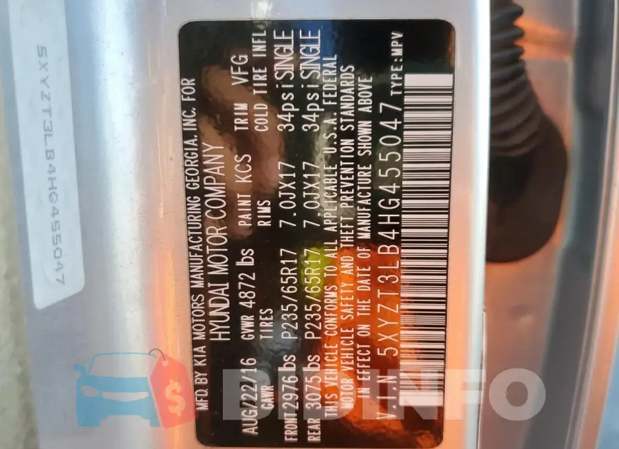 5XYZT3LB4HG455047 Photo# 13