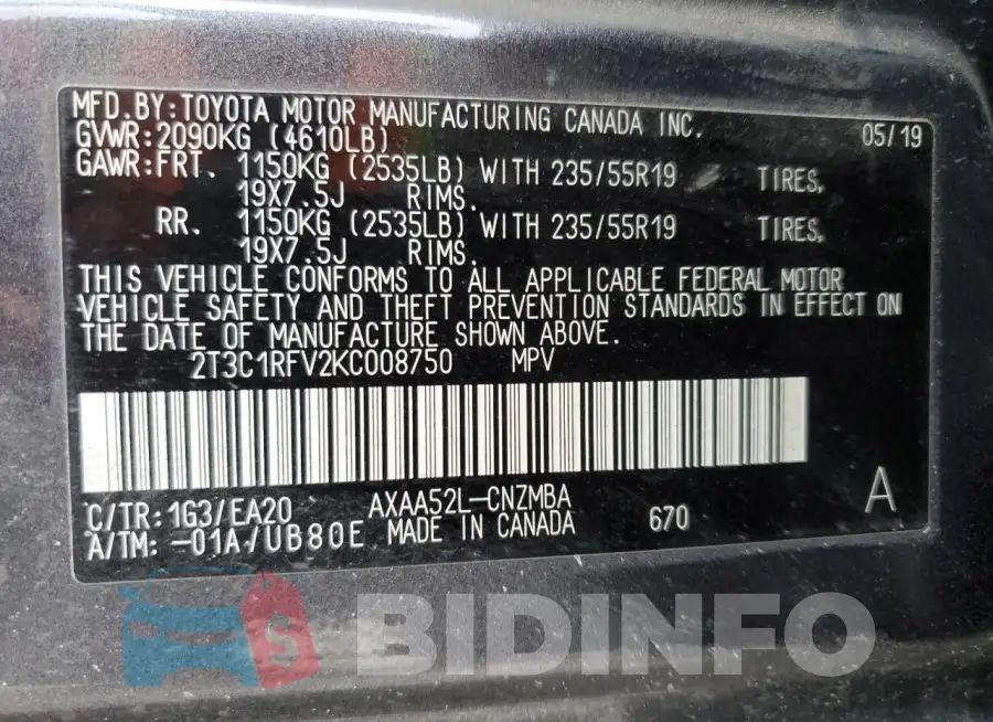 2T3C1RFV2KC008750 Photo# 14