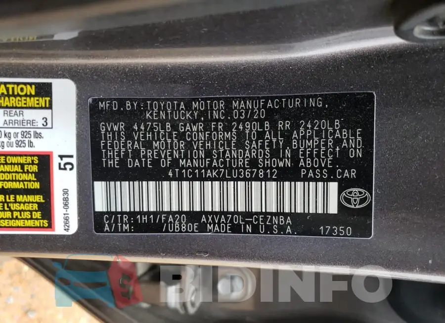 4T1C11AK7LU367812 Photo# 12