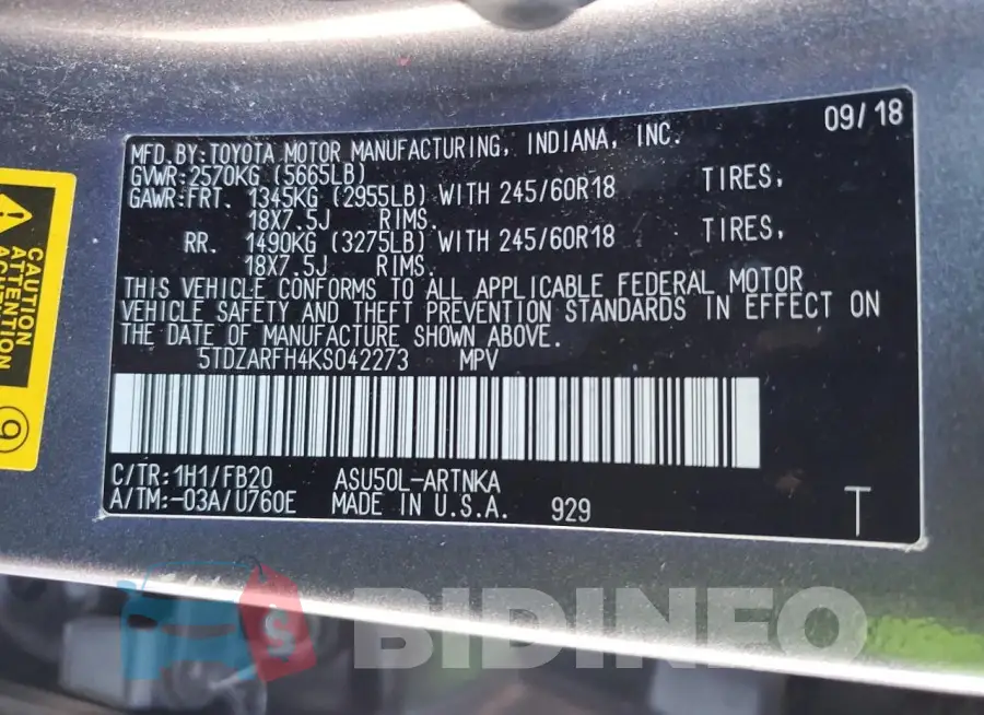 5TDZARFH4KS042273 Photo# 13
