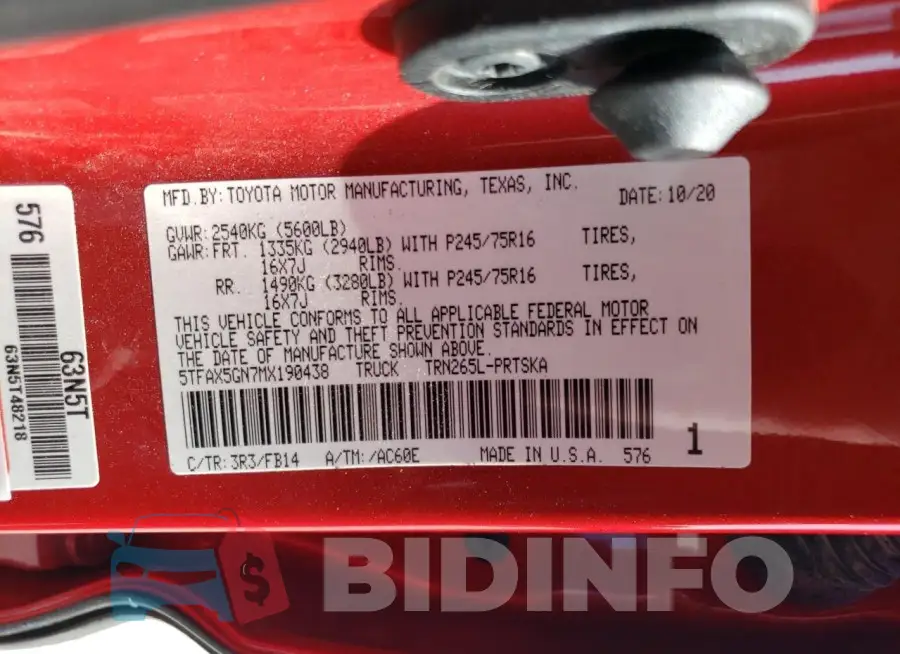 5TFAX5GN7MX190438 Photo# 12