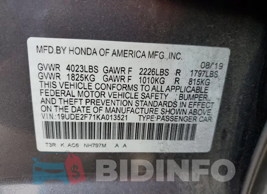 19UDE2F71KA013521 Photo# 12