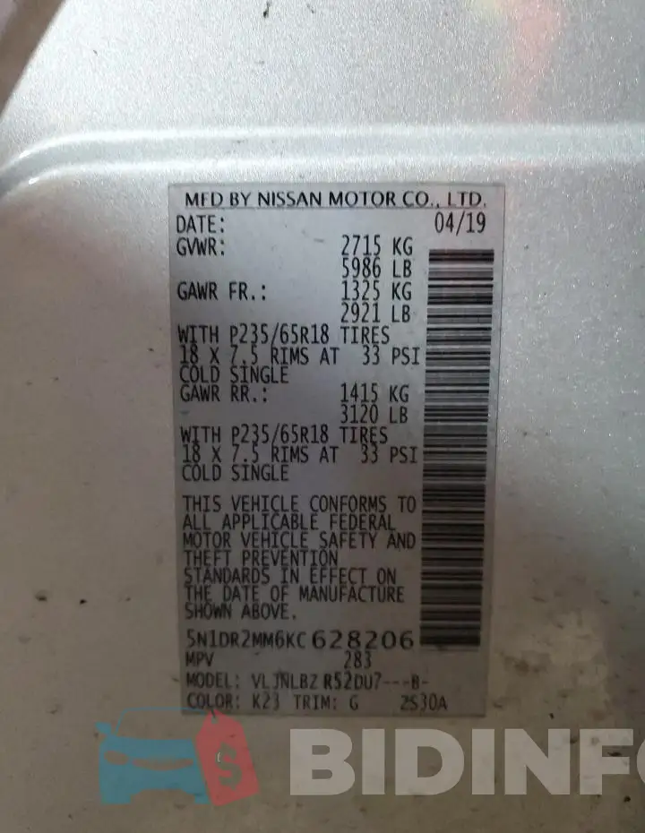 5N1DR2MM6KC628206 Photo# 13