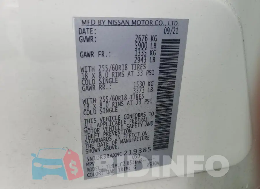 5N1DR3BAXNC219385 Photo# 13
