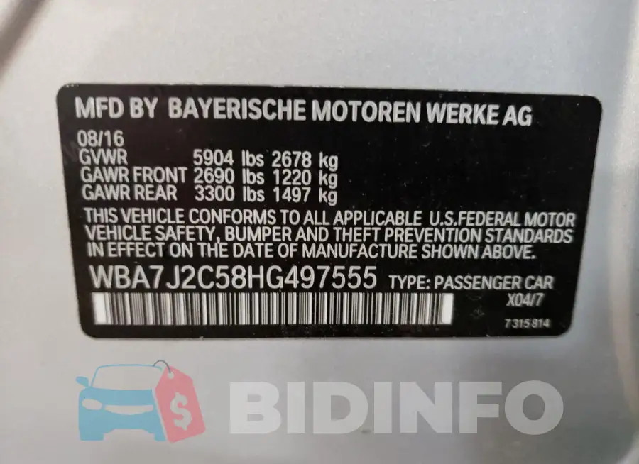 WBA7J2C58HG497555 Photo# 13