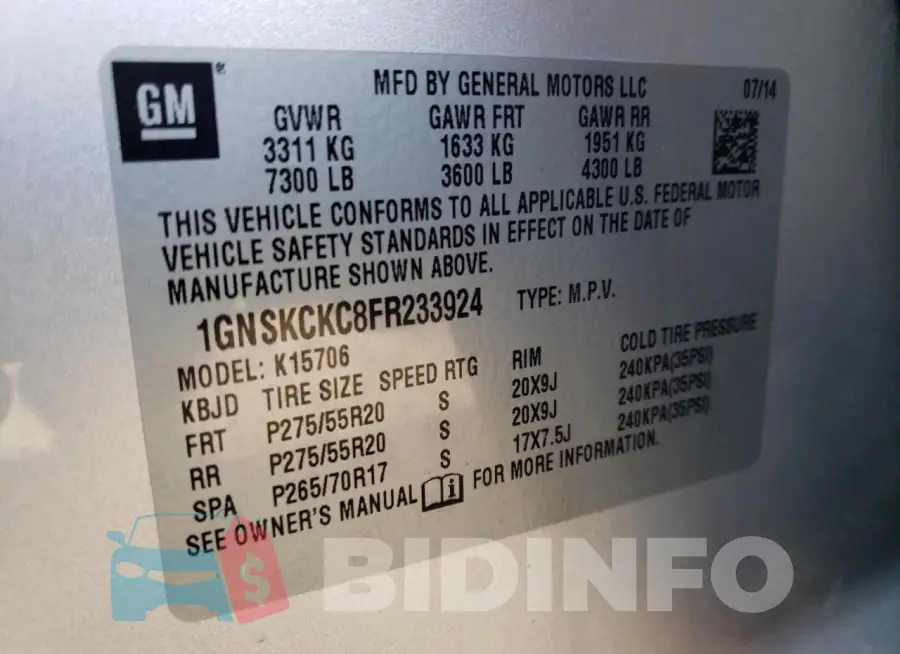 1GNSKCKC8FR233924 Photo# 12