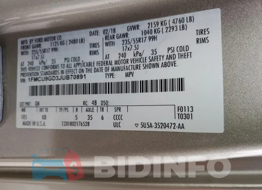 1FMCU9GD3JUB70891 Photo# 13