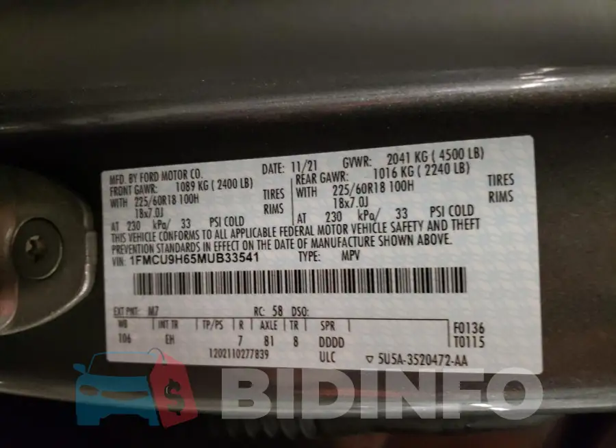 1FMCU9H65MUB33541 Photo# 12