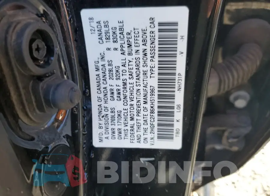 2HGFC2F86KH519967 Photo# 13