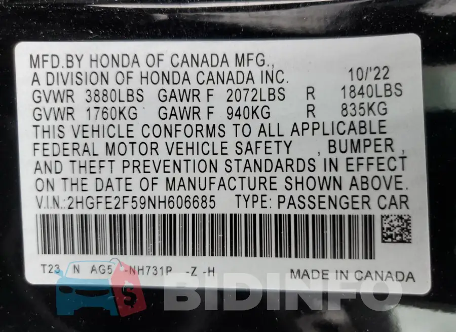 2HGFE2F59NH606685 Photo# 12