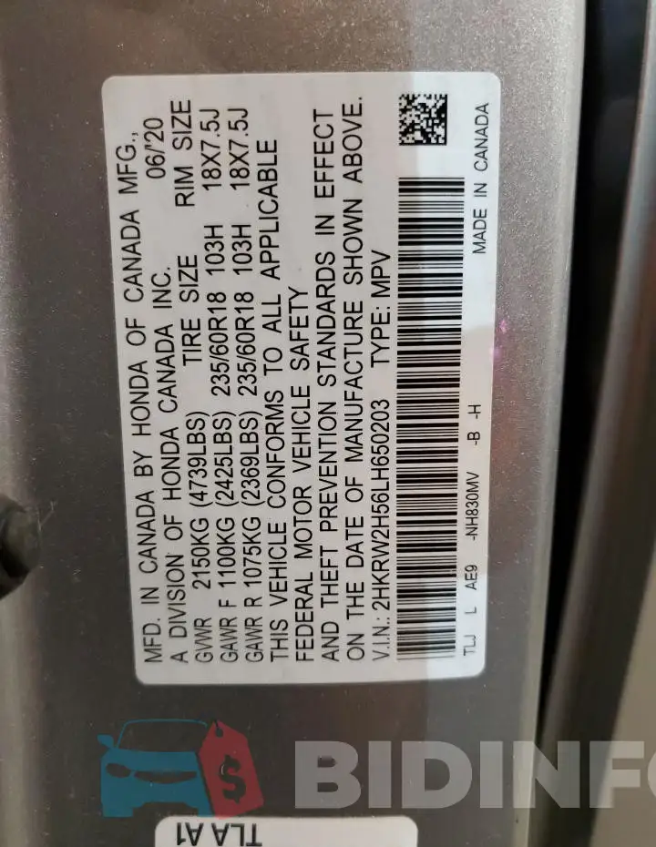 2HKRW2H56LH650203 Photo# 12