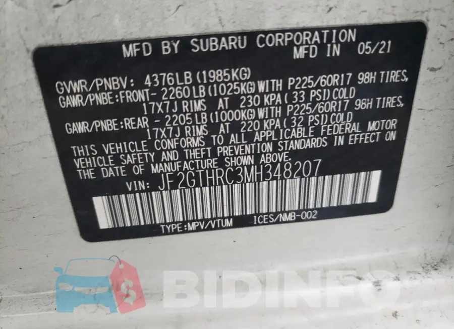 JF2GTHRC3MH348207 Photo# 12