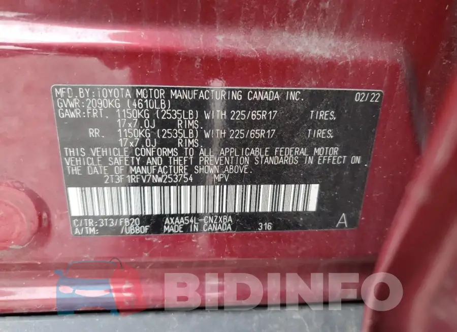 2T3F1RFV7NW253754 Photo# 13