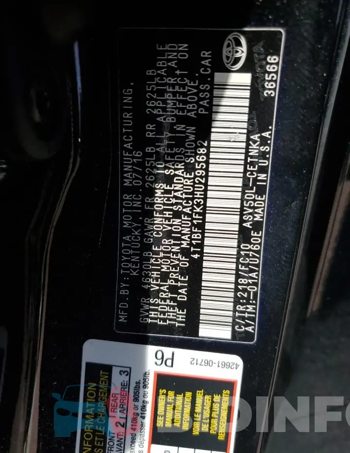 4T1BF1FK3HU295682 Photo# 13