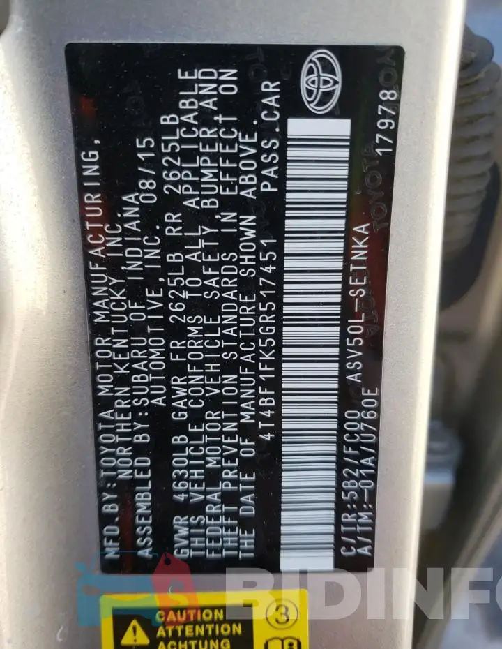 4T4BF1FK5GR517451 Photo# 12