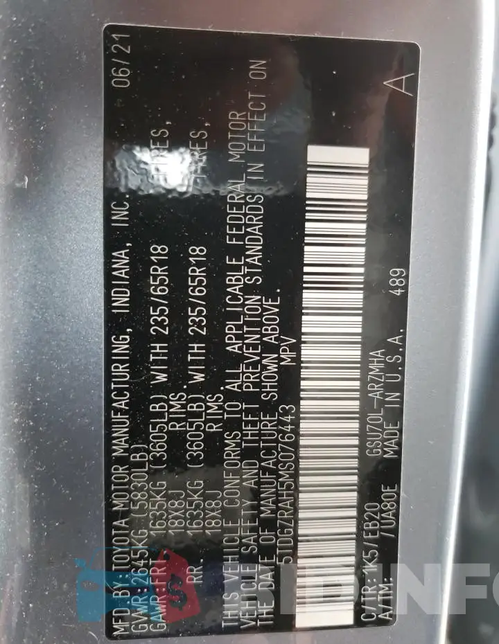 5TDGZRAH5MS076443 Photo# 13