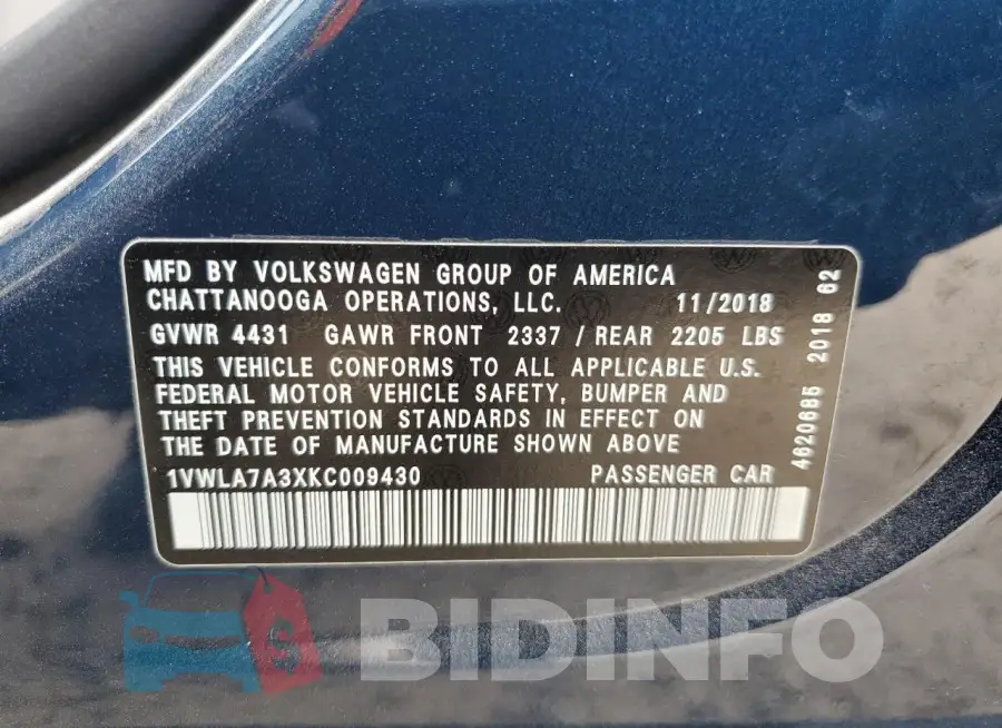 1VWLA7A3XKC009430 Photo# 13