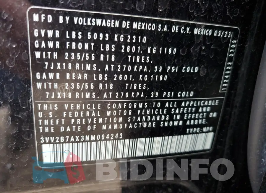 3VV2B7AX3NM094243 Photo# 13