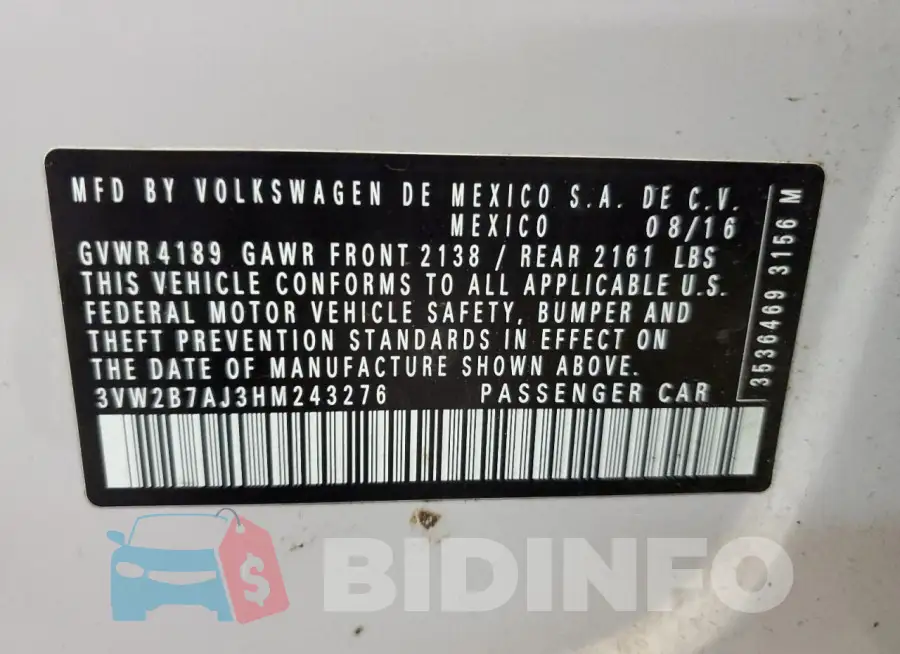 3VW2B7AJ3HM243276 Photo# 12