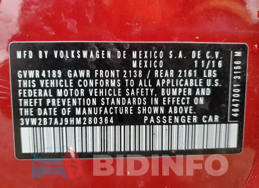 3VW2B7AJ9HM280364 Photo# 13