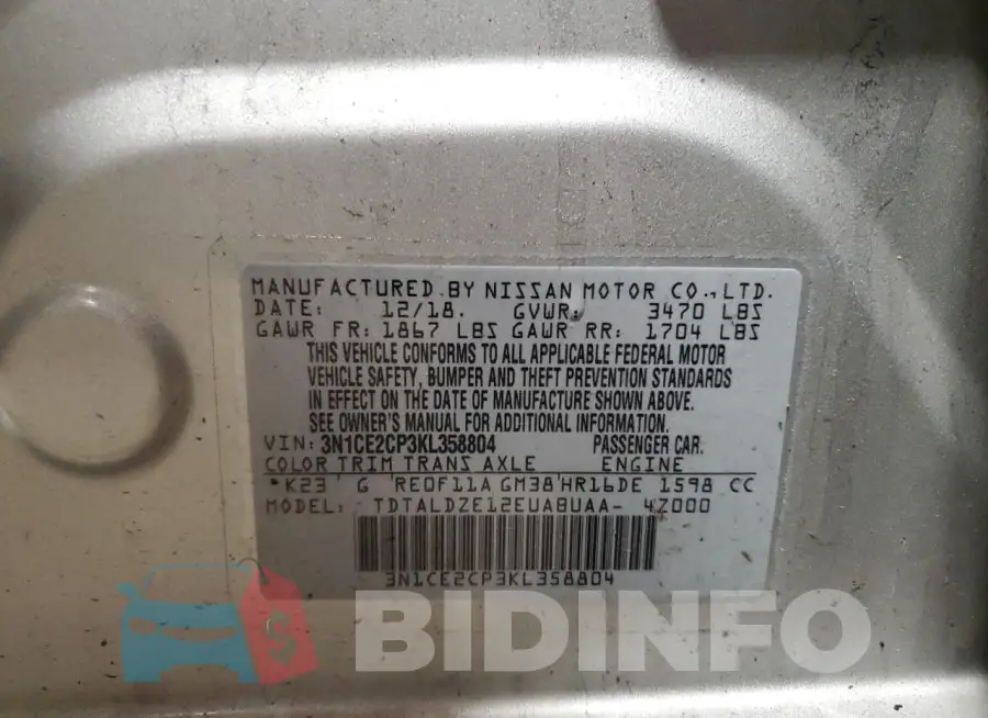 3N1CE2CP3KL358804 Photo# 12