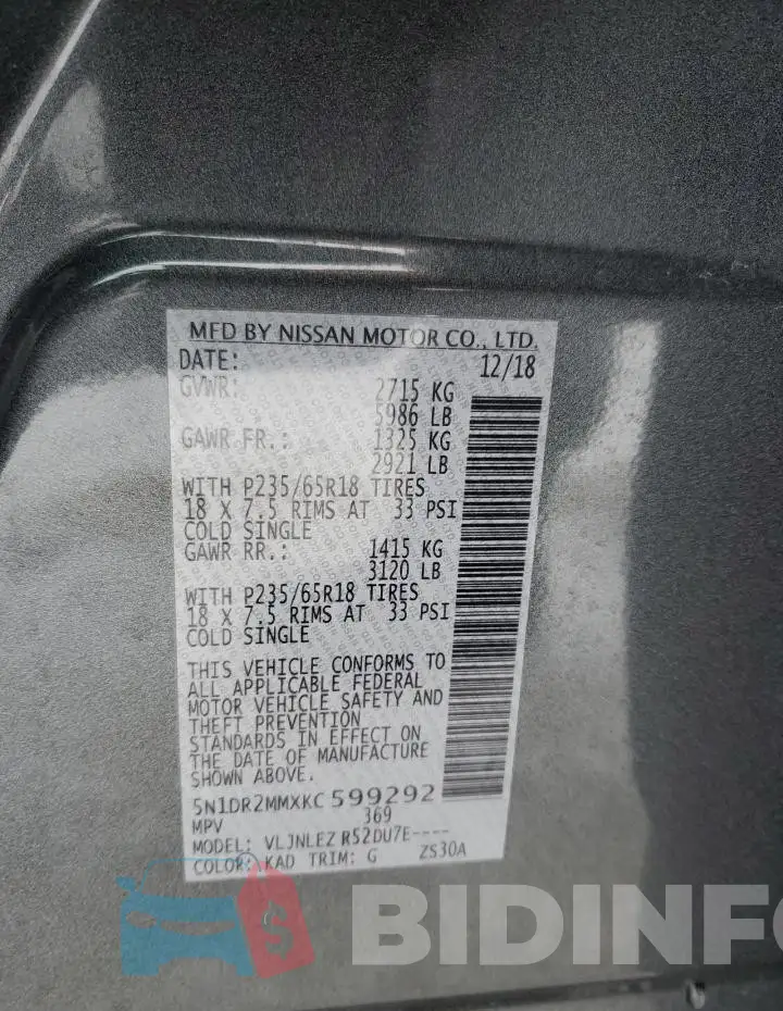 5N1DR2MMXKC599292 Photo# 13