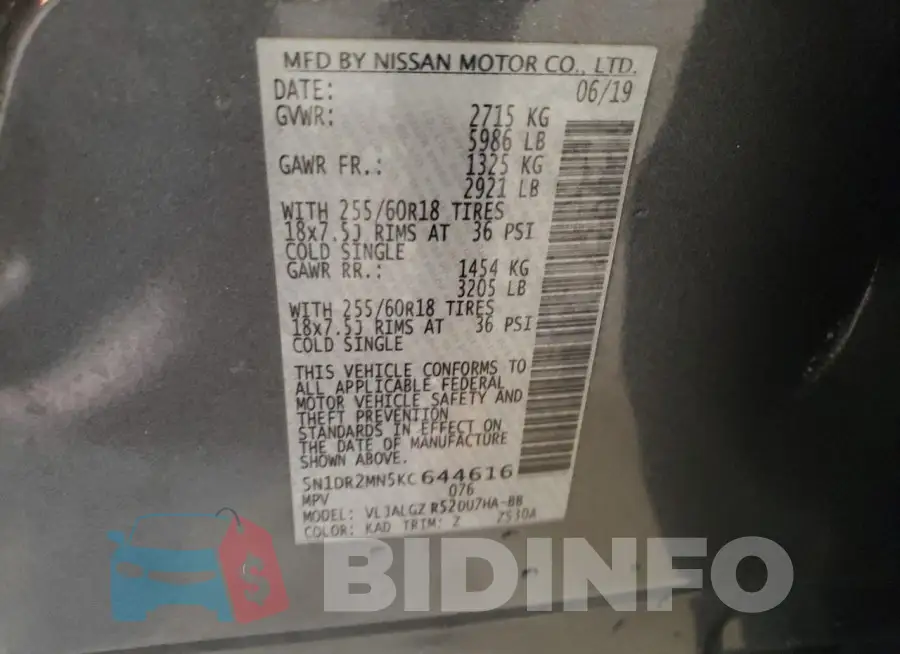 5N1DR2MN5KC644616 Photo# 12