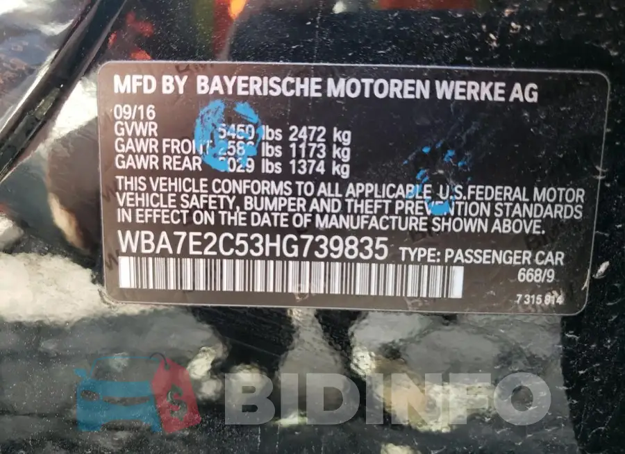 WBA7E2C53HG739835 Photo# 13