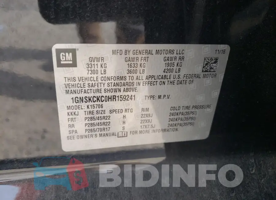 1GNSKCKC0HR159241 Photo# 12