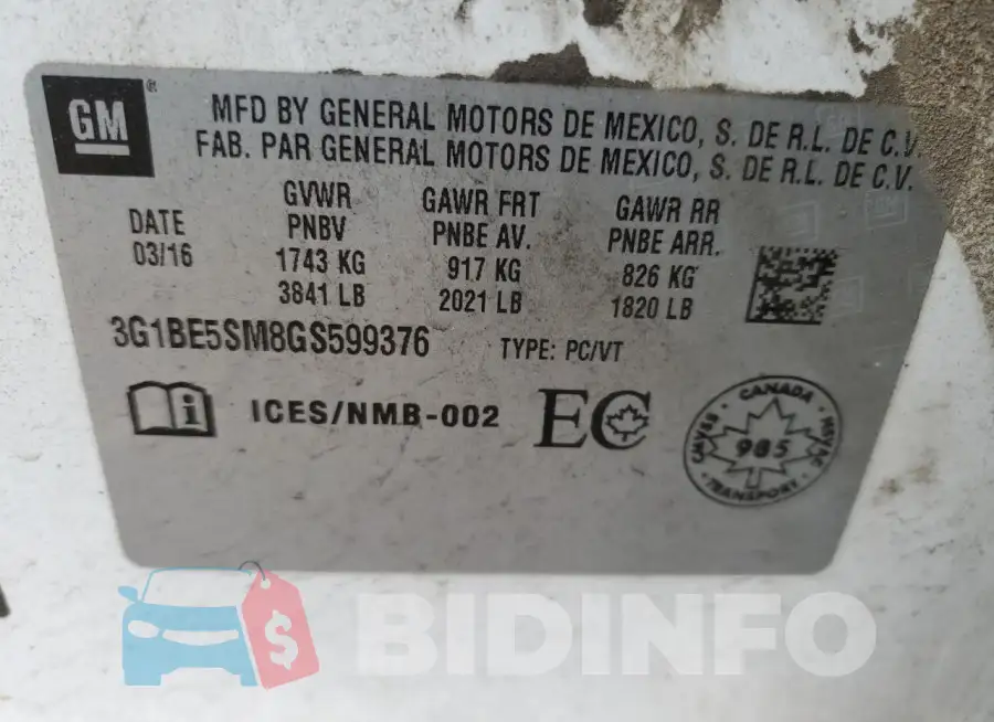 3G1BE5SM8GS599376 Photo# 13
