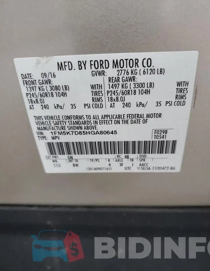 1FM5K7D85HGA80645 Photo# 12