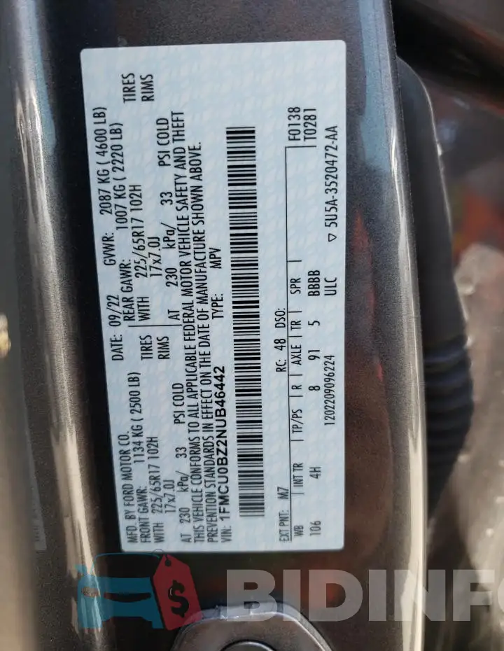 1FMCU0BZ2NUB46442 Photo# 14