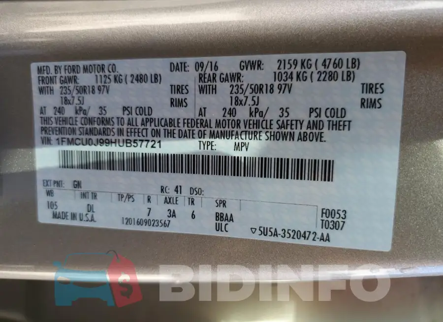 1FMCU0J99HUB57721 Photo# 14