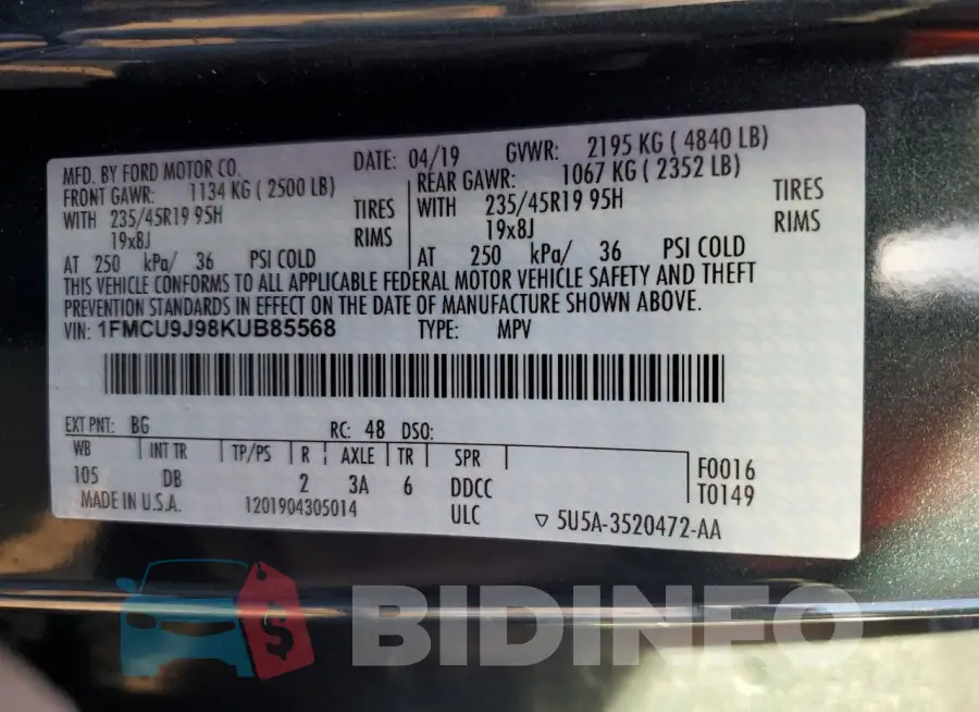 1FMCU9J98KUB85568 Photo# 12