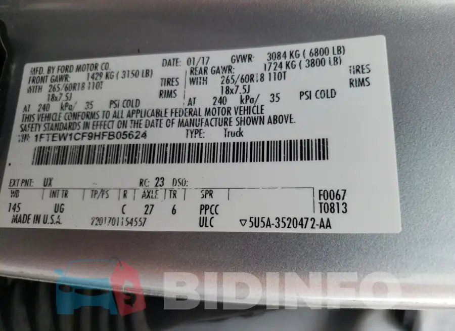 1FTEW1CF9HFB05624 Photo# 12