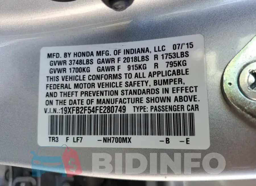 19XFB2F54FE280749 Photo# 12